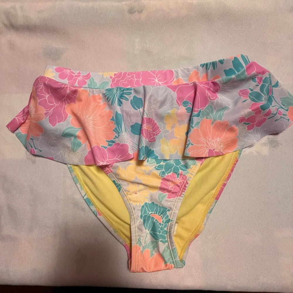 womans Floral Ruffle Swim Bottoms in Pink, Peach & Yellow
